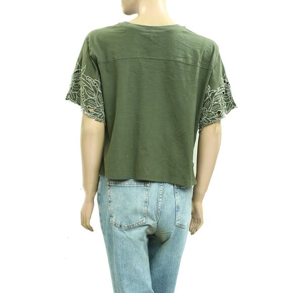 By Anthropologie Boxy Cutwork Tee Blouse Top Floral Embroidered Cotton S 280424 - Picture 7 of 9